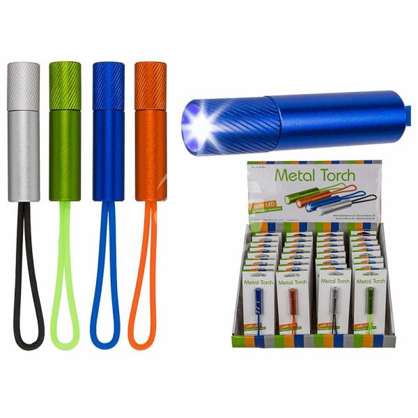 Metall-Taschenlampe mit LED (inkl. Batterien) ca. 5,5 cm, 4-farbig sortiert.