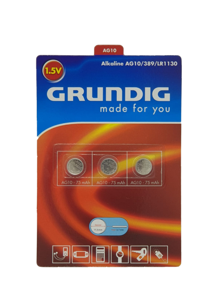 GRUNDIG Knopfzellen - Alkaline AG10/389/LR1130/ 3 Stück pro Packung