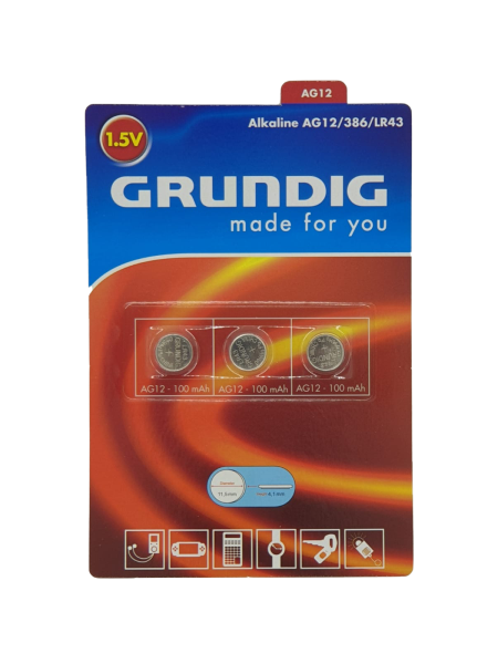GRUNDIG Knopfzellen - Alkaline AG12/386/LR43/ 3 Stück pro Packung